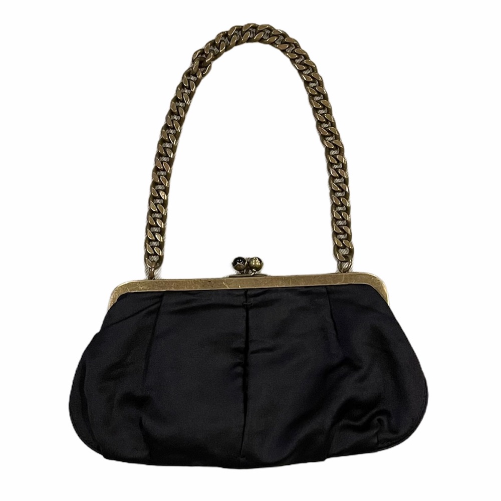 J Crew Kisslock Frame Black Silk Clutch with Chain - Picture 1 of 6
